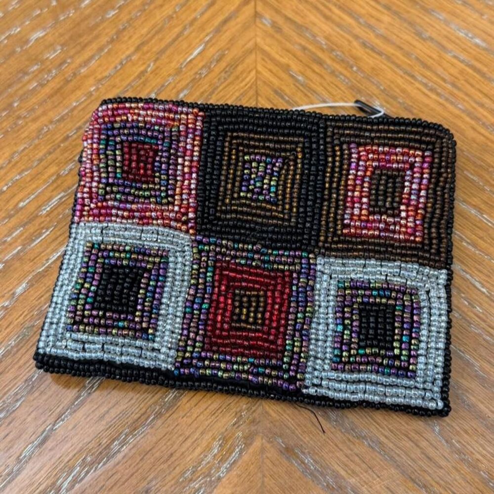 NWOT Vintage Fossil Beaded Geometric Pattern Multicolored Squares Coin Purse - Picture 3 of 8